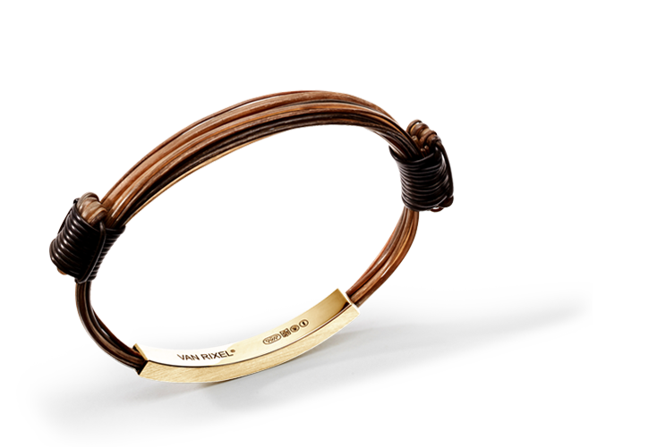 Een luxe, High End 18 kt Geelgouden heren- of dames-armband, handgemaakt met exclusief bruin Olifantenhaar en schuifknopen - Small